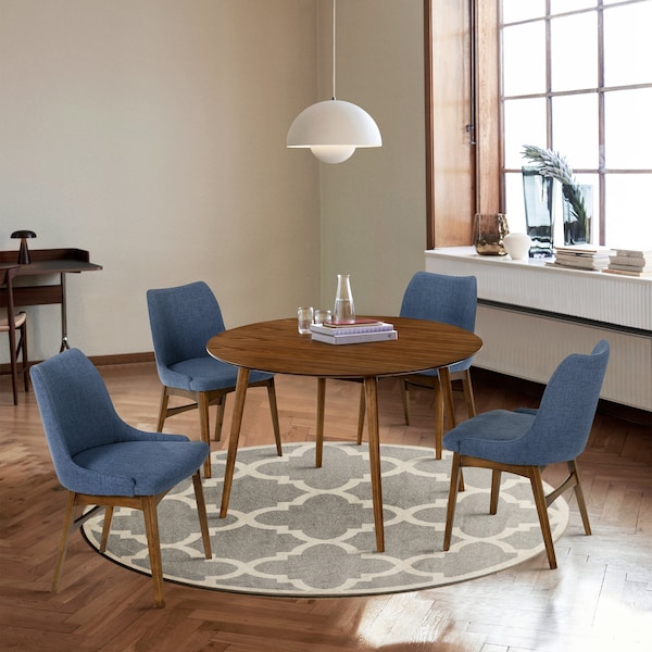 Armen Living Arcadia and Azalea 48" Round Blue and Walnut Wood 5 Piece Dining Set - SETARDI5AZWABLU48