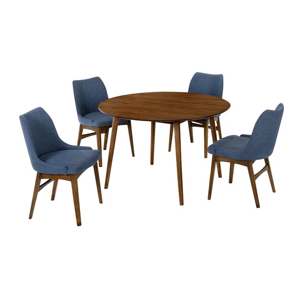Armen Living Arcadia and Azalea 48" Round Blue and Walnut Wood 5 Piece Dining Set - SETARDI5AZWABLU48