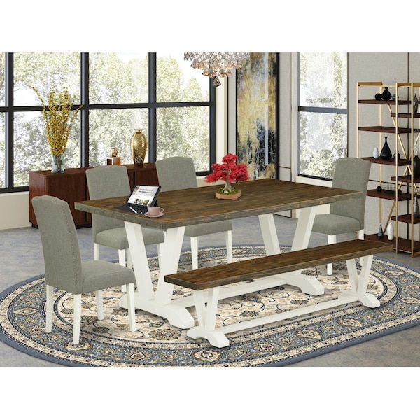 East West Furniture 6 Piece V-Style Stylish Dining Set - Linen White - V077EN206-6