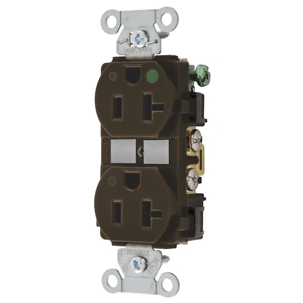 Hubbell Wiring Device-Kellems Straight Blade Devices, Duplex Receptacle, Hospital Grade, Hubbell-Pro, LED Indicator, 20A 125V, 2-Pole 3-Wire Grounding, 5-20R, Brown - 8300L