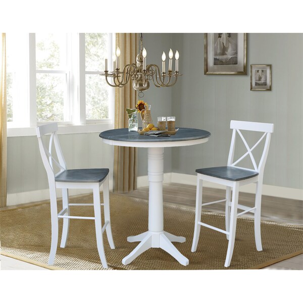International Concepts Round 36 in Rd Extend Dining Table, 2 X-Back Bar Ht Stools, White/Heather Gray, 36 in W, 48 in L - K05-36RXT-27B-S6133-2