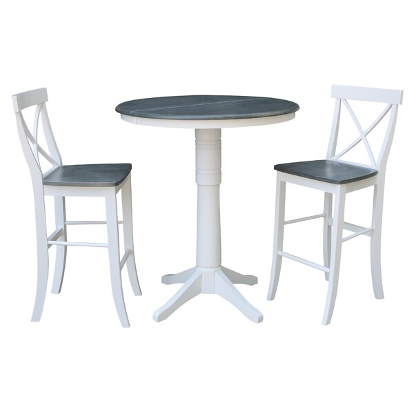 International Concepts Round 36 in Rd Extend Dining Table, 2 X-Back Bar Ht Stools, White/Heather Gray, 36 in W, 48 in L - K05-36RXT-27B-S6133-2