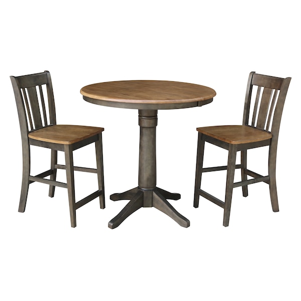 International Concepts Round 36 in Rd Extend Dining Table, 2 San Remo Counter Ht Stools, Hickory/Coal, 36 in W, 48 in L - K45-36RXT-27B-S102-2