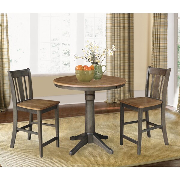 International Concepts Round 36 in Rd Extend Dining Table, 2 San Remo Counter Ht Stools, Hickory/Coal, 36 in W, 48 in L - K45-36RXT-27B-S102-2