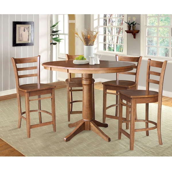 International Concepts Round 36 in Round Extension Dining Table with 4 Stools, Distressed Oak, 36 in W, 48 in L, 36.1 in H - K42-36RXT-27B-S6172-4