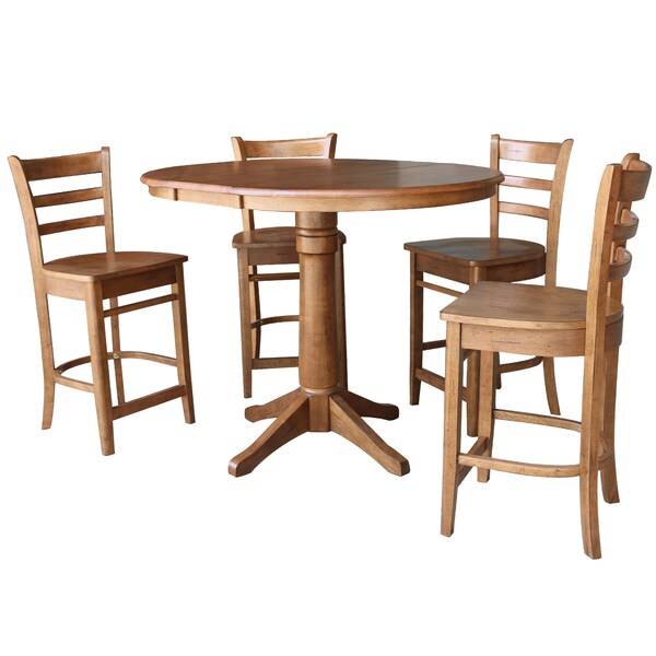 International Concepts Round 36 in Round Extension Dining Table with 4 Stools, Distressed Oak, 36 in W, 48 in L, 36.1 in H - K42-36RXT-27B-S6172-4