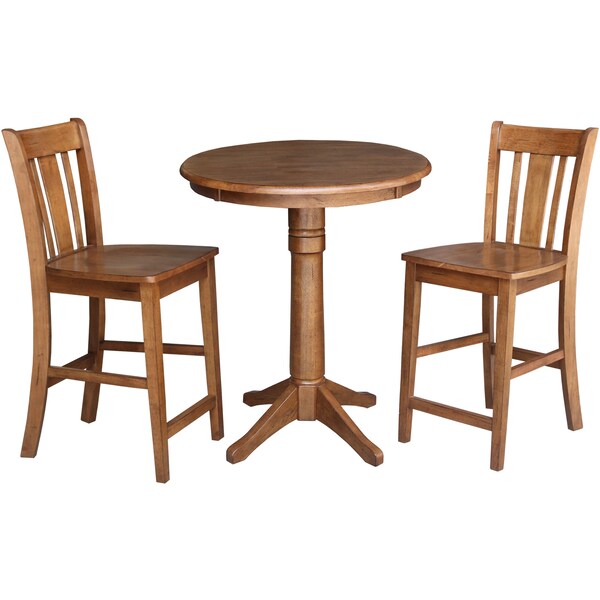International Concepts Round 30 in Rd Ped Gathering Ht Table, 2 San Remo Stools, Distressed Oak, 30 in W, 30 in L, 35.9 in H - K42-30RT-27B-S102-2