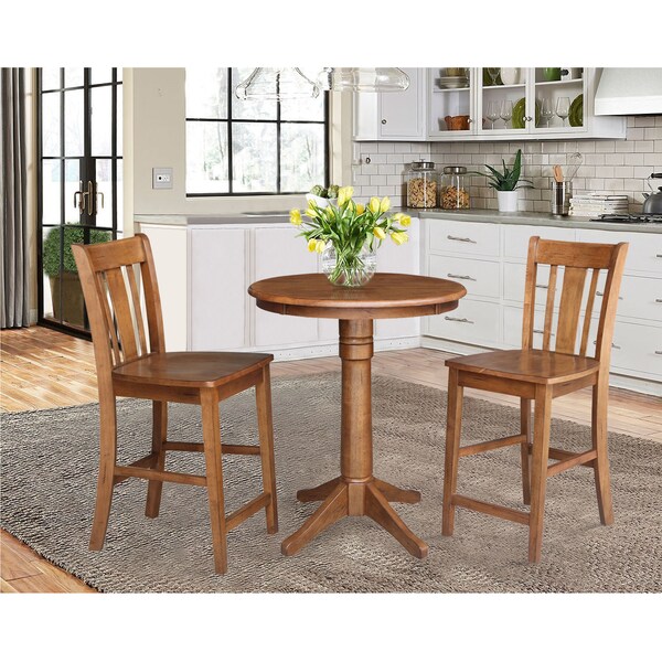International Concepts Round 30 in Rd Ped Gathering Ht Table, 2 San Remo Stools, Distressed Oak, 30 in W, 30 in L, 35.9 in H - K42-30RT-27B-S102-2