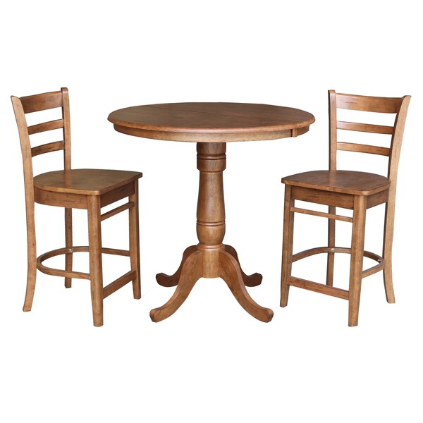 International Concepts Round 36 in Round Extension Dining Table with 2 Stools, Distressed Oak, 36 in W, 48 in L, 35.3 in H - K42-36RXT-6B-S6172-2