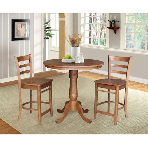 International Concepts Round 36 in Round Extension Dining Table with 2 Stools, Distressed Oak, 36 in W, 48 in L, 35.3 in H - K42-36RXT-6B-S6172-2