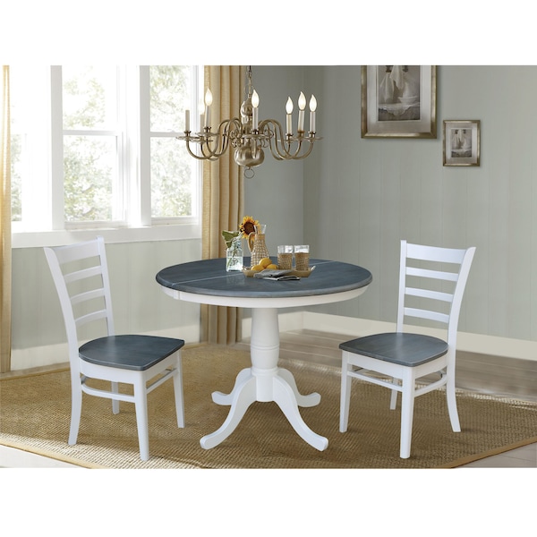 International Concepts Round 36 in Rd Extension Dining Table, 2 Emily Chairs, White/Heather Gray, 36 in W, 48 in L, Wood - K05-36RXT-C617-2