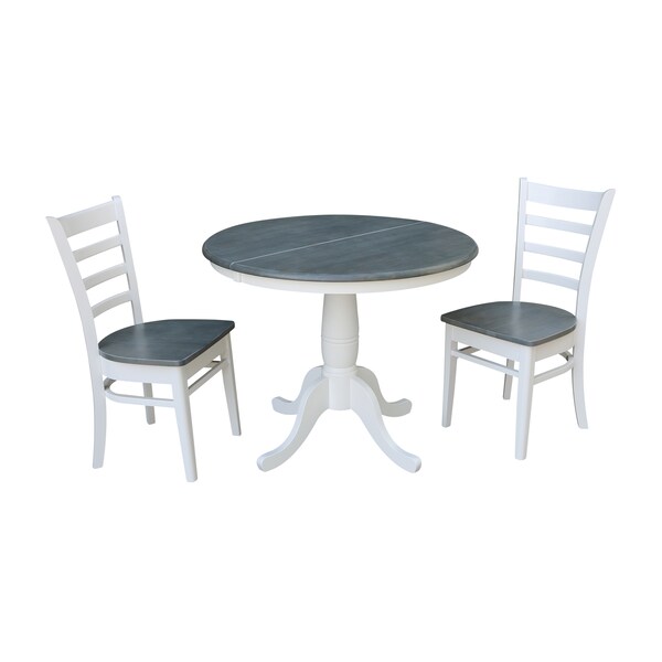 International Concepts Round 36 in Rd Extension Dining Table, 2 Emily Chairs, White/Heather Gray, 36 in W, 48 in L, Wood - K05-36RXT-C617-2