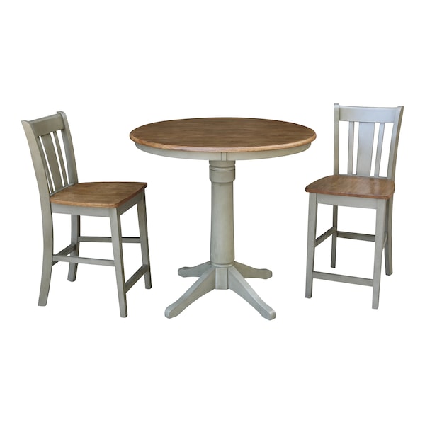 International Concepts Round 36 in Rd Ped Gathering Ht Table, 2 San Remo Stools, Hickory/Stone, 36 in W, 36 in L, 35.1 in H - K41-36RT-27B-S102-2