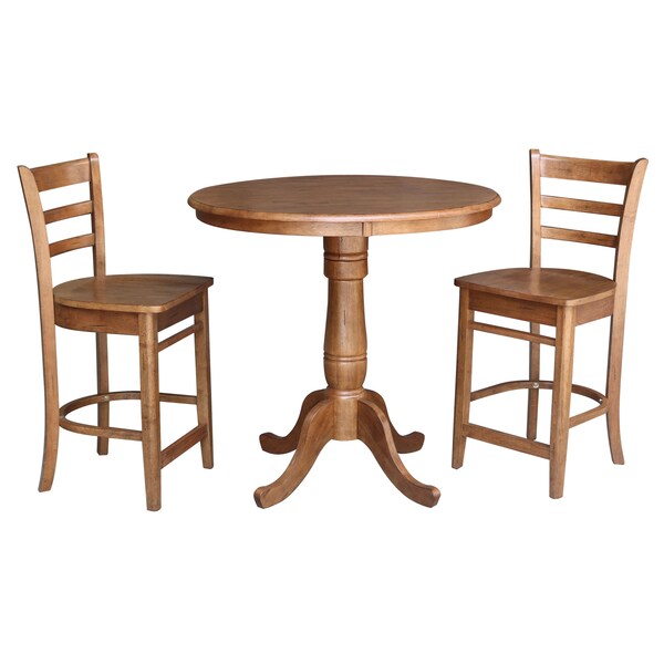 International Concepts Round 36 in Rd Top Pedestal Table, 2 Emily Counter Ht Stools, Distressed Oak, 36 in W, 36 in L, Wood - K42-36RT-6B-S6172-2