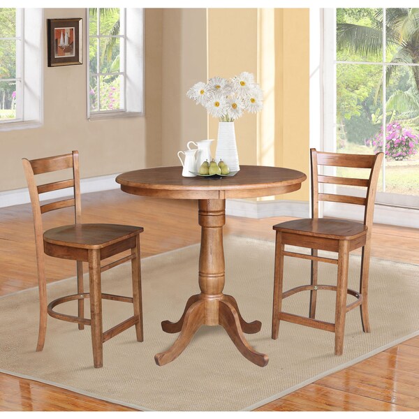 International Concepts Round 36 in Rd Top Pedestal Table, 2 Emily Counter Ht Stools, Distressed Oak, 36 in W, 36 in L, Wood - K42-36RT-6B-S6172-2