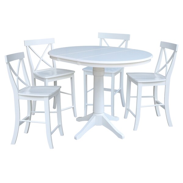 International Concepts Round 36 in Rd Extension Dining Table 34.9 inH, 4 X-Back Counter Ht Stools, White, 36 in W, 48 in L - K08-36RXT-27B-6132-4