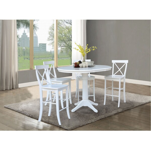 International Concepts Round 36 in Rd Extension Dining Table 34.9 inH, 4 X-Back Counter Ht Stools, White, 36 in W, 48 in L - K08-36RXT-27B-6132-4
