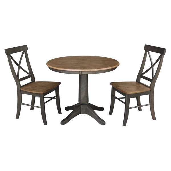 International Concepts Round 36 in Rd Top Pedestal Table, 2 X-Back Chairs, Hickory/Washed Coal, 36 in W, 36 in L, 29.1 in H - K45-36RT-27B-C613-2