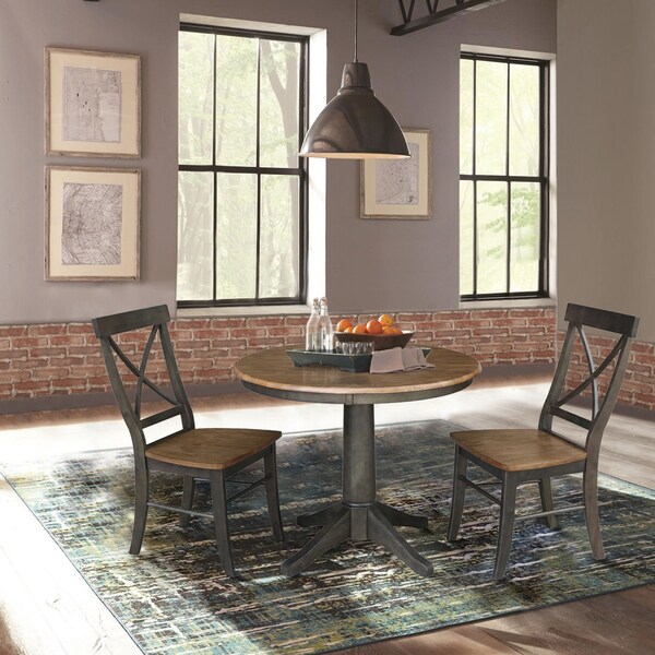 International Concepts Round 36 in Rd Top Pedestal Table, 2 X-Back Chairs, Hickory/Washed Coal, 36 in W, 36 in L, 29.1 in H - K45-36RT-27B-C613-2