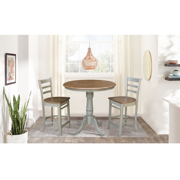 International Concepts Round 36 in Rd Ped Gathering Ht Table, 2 Emily Counter Ht Stools, Hickory/Stone, 36 in W, 36 in L - K41-36RT-6B-S6172-2