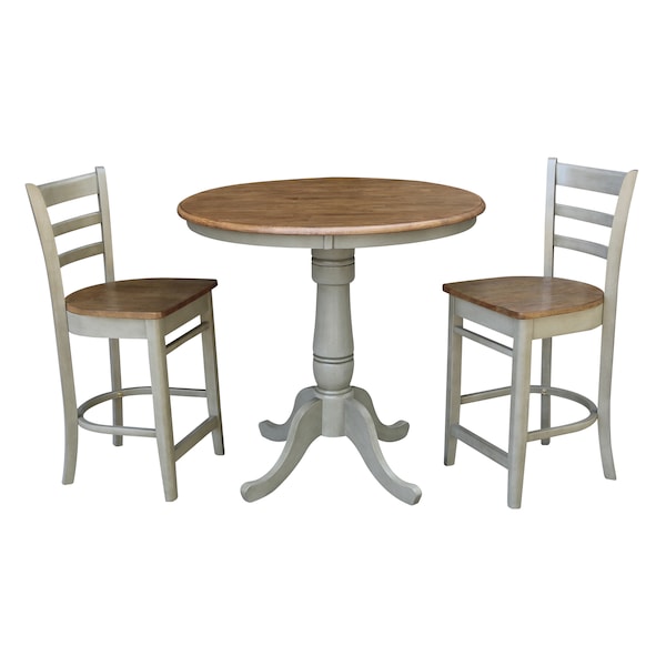 International Concepts Round 36 in Rd Ped Gathering Ht Table, 2 Emily Counter Ht Stools, Hickory/Stone, 36 in W, 36 in L - K41-36RT-6B-S6172-2