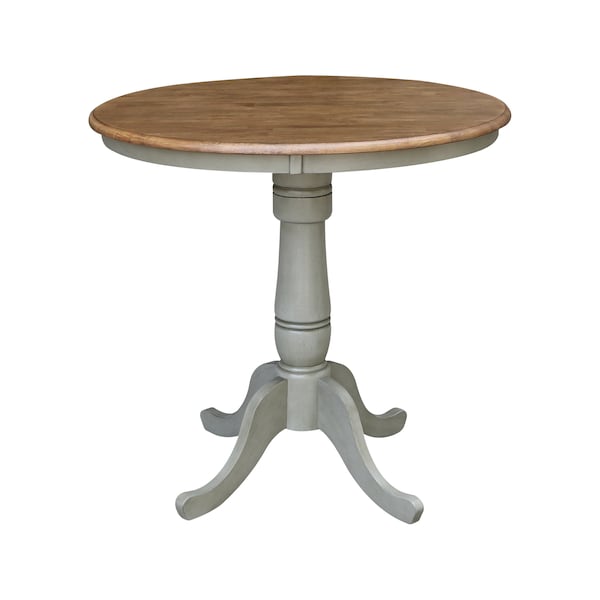 International Concepts Round 36 in Rd Ped Gathering Ht Table, 2 Emily Counter Ht Stools, Hickory/Stone, 36 in W, 36 in L - K41-36RT-6B-S6172-2
