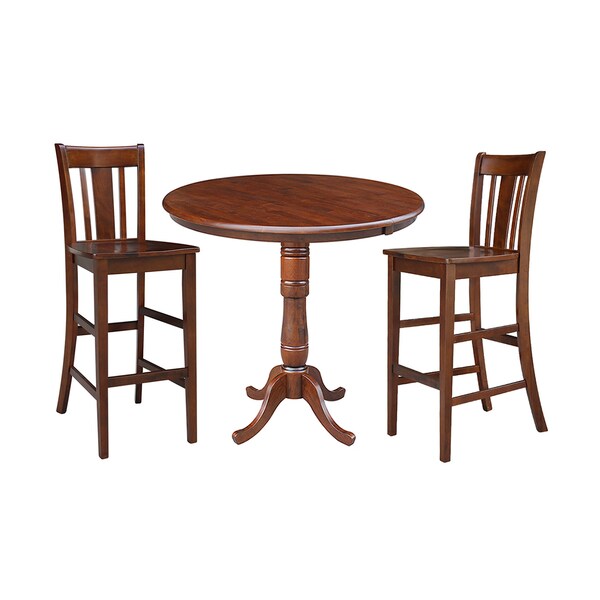 International Concepts Round 36 in Rd Top Ped Ext Table, 12 in Leaf, 2 RTA San Remo Barstools, Espresso, 36 in W, 48 in L - K581-36RXT-6B-2-S103