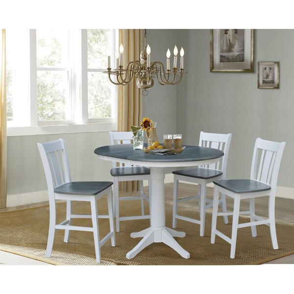International Concepts Round 36 in Rd Extend Dining Table, 4 San Remo Stools, White/Heather Gray, 36 in W, 48 in L, Wood - K05-36RXT-27B-S102-4