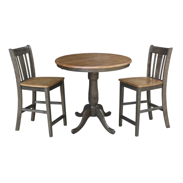 International Concepts Round 36 in Rd Extend Dining Table, 2 San Remo Counter Ht Stools, Hickory/Coal, 36 in W, 48 in L - K45-36RXT-6B-S102-2