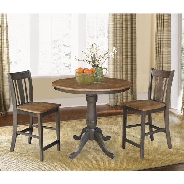 International Concepts Round 36 in Rd Extend Dining Table, 2 San Remo Counter Ht Stools, Hickory/Coal, 36 in W, 48 in L - K45-36RXT-6B-S102-2