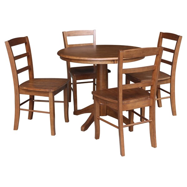 International Concepts 36 in. Round Top Pedestal Dining Table with 4 Madrid LadderBack Chairs - 5 Piece Dining Set - K42-36RT-27B-C2-4