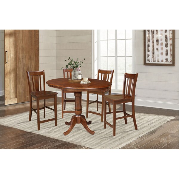 International Concepts Round 36 in Rd Top Ped Ext Table, 12 in Leaf And 4 San Remo RTA Stools, Espresso, 36 in W, 48 in L - K581-36RXT-6B-S102-4