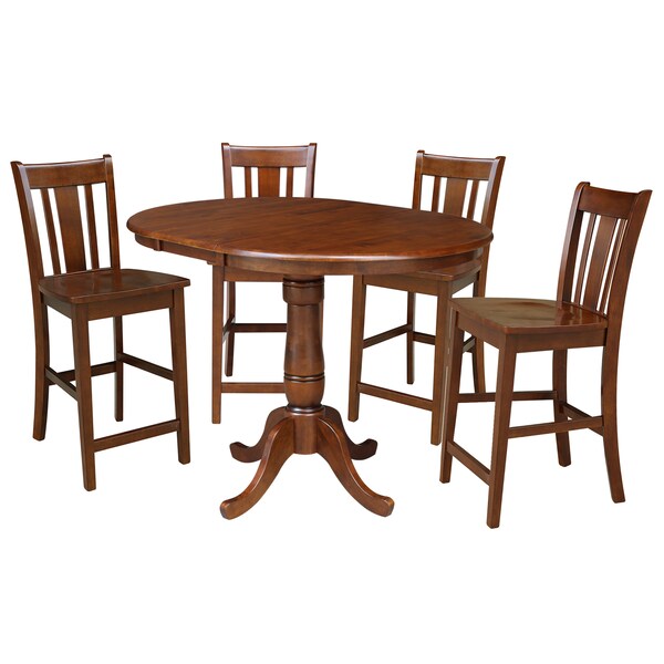 International Concepts Round 36 in Rd Top Ped Ext Table, 12 in Leaf And 4 San Remo RTA Stools, Espresso, 36 in W, 48 in L - K581-36RXT-6B-S102-4