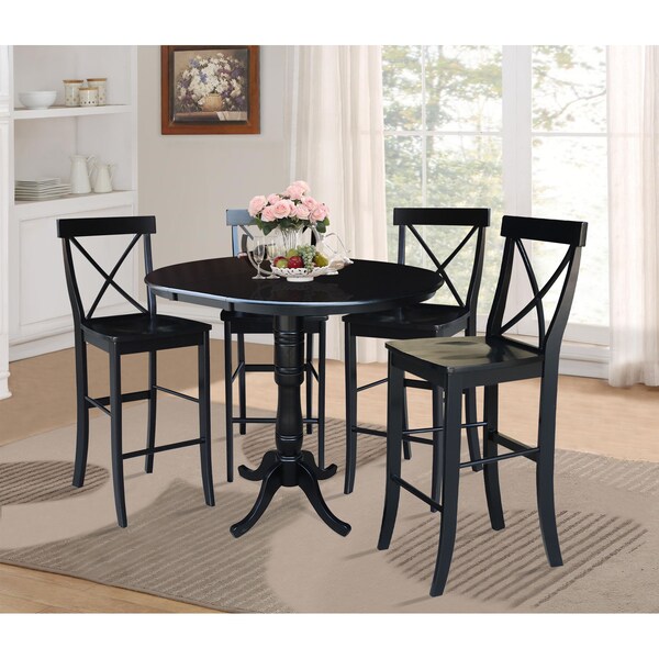 International Concepts Round 36 in Rd Extension Dining Table 40.9 inH, 4 X-Back Bar Height Stools, Black, 36 in W, 48 in L - K46-36RXT-S6133-4