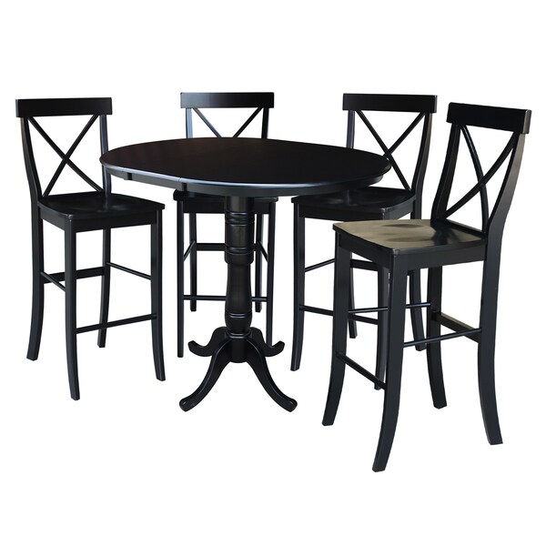 International Concepts Round 36 in Rd Extension Dining Table 40.9 inH, 4 X-Back Bar Height Stools, Black, 36 in W, 48 in L - K46-36RXT-S6133-4