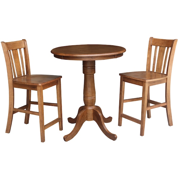 International Concepts Round 30 in Rd Ped Gathering Ht Table, 2 San Remo Stools, Distressed Oak, 30 in W, 30 in L, 35.1 in H - K42-30RT-6B-S102-2