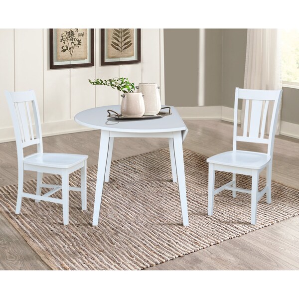 International Concepts 42 in. Solid Wood Round Dual Drop Leaf Dining Table with 2 Chairs in White - K08-42DL-C10-2