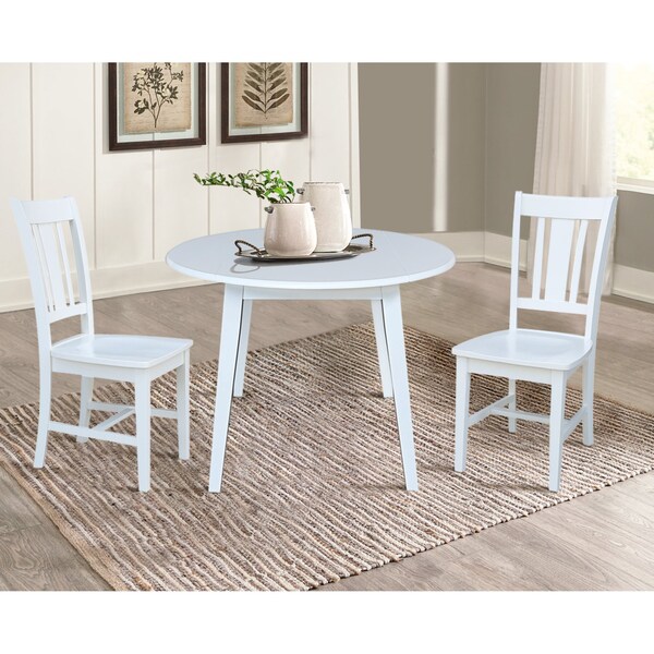 International Concepts 42 in. Solid Wood Round Dual Drop Leaf Dining Table with 2 Chairs in White - K08-42DL-C10-2