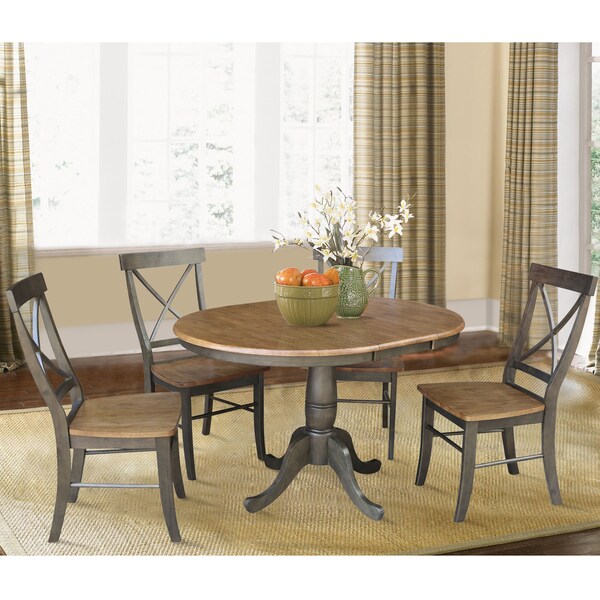 International Concepts Round 36 in Rd Extension Dining table, 4 RTA chairs, Hickory/Washed Coal, 36 in W, 48 in L, 29.3 in H - K45-36RXT-C613-4