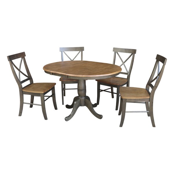 International Concepts Round 36 in Rd Extension Dining table, 4 RTA chairs, Hickory/Washed Coal, 36 in W, 48 in L, 29.3 in H - K45-36RXT-C613-4