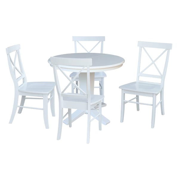 International Concepts 36 in. Solid Wood Round Extension Dining Table with 4 Dining Chairs in White - K08-36RXT-23B-C613-4