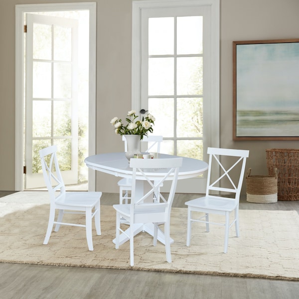International Concepts 36 in. Solid Wood Round Extension Dining Table with 4 Dining Chairs in White - K08-36RXT-23B-C613-4