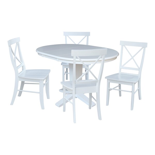 International Concepts 36 in. Solid Wood Round Extension Dining Table with 4 Dining Chairs in White - K08-36RXT-23B-C613-4