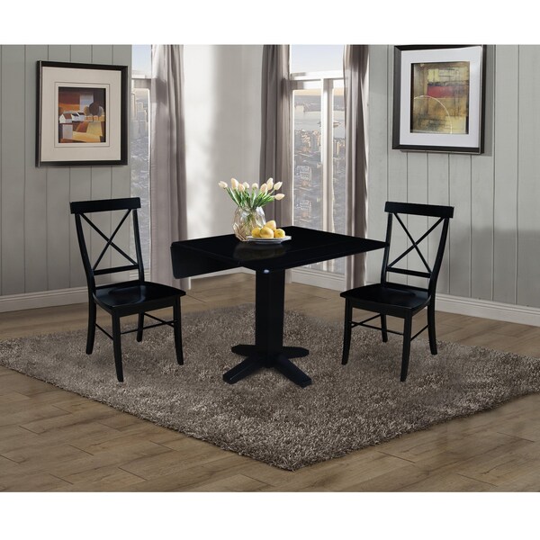International Concepts 36 in. Solid Wood Square Dual Drop Leaf Dining Table with 2 Chairs in Black - K46-36SDP-C613-2