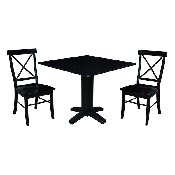 International Concepts 36 in. Solid Wood Square Dual Drop Leaf Dining Table with 2 Chairs in Black - K46-36SDP-C613-2