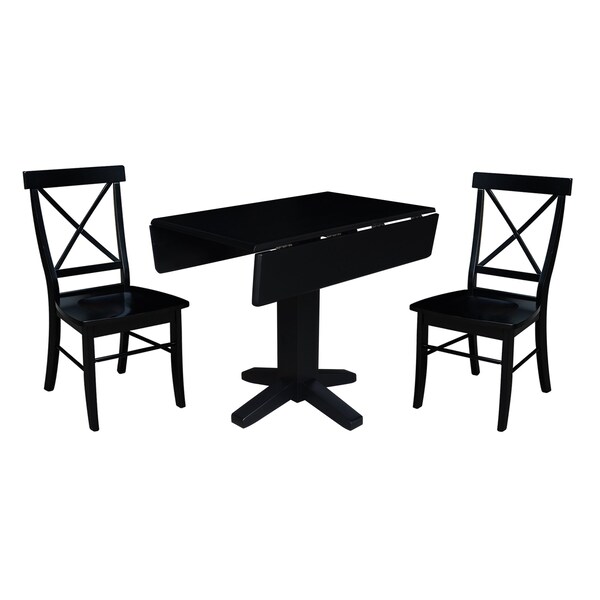 International Concepts 36 in. Solid Wood Square Dual Drop Leaf Dining Table with 2 Chairs in Black - K46-36SDP-C613-2