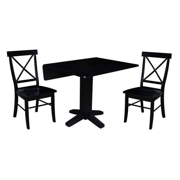 International Concepts 36 in. Solid Wood Square Dual Drop Leaf Dining Table with 2 Chairs in Black - K46-36SDP-C613-2