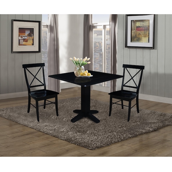 International Concepts 36 in. Solid Wood Square Dual Drop Leaf Dining Table with 2 Chairs in Black - K46-36SDP-C613-2