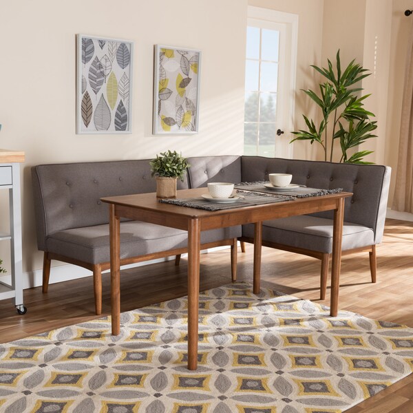 Baxton Studio Arvid Mid-Century Gray Upholstered 3-Piece Wood Dining Nook Set - 155-9305-9306