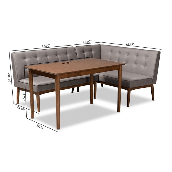 Baxton Studio Arvid Mid-Century Gray Upholstered 3-Piece Wood Dining Nook Set - 155-9305-9306